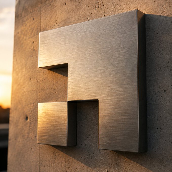 A metallic letter 'H' mounted on a textured concrete wall, illuminated by warm sunset light casting long shadows.