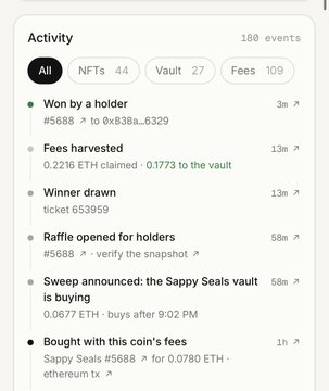 A screenshot of a cryptocurrency activity feed showing 189 events, including details for 'Sappy Seals #5688' like 'Won by a holder', 'Fees harvested', and 'Winner drawn', with various ETH amounts.