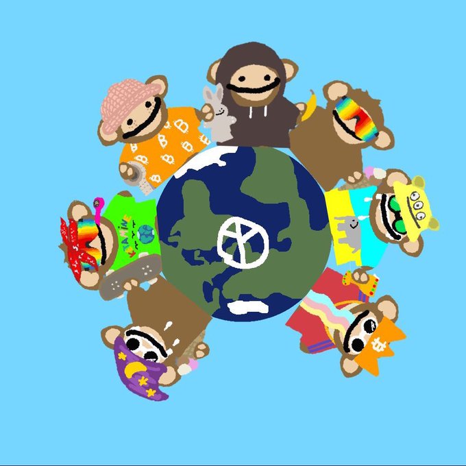 A digital illustration showing cartoon monkey characters arranged in a circle around a globe with a peace symbol, each monkey wearing different colorful outfits and accessories.