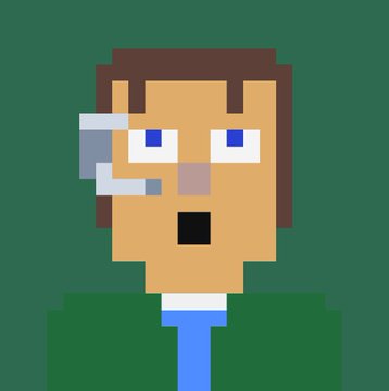 A pixel art illustration shows a person with a surprised expression, wearing a headset and a green jacket over a blue shirt.