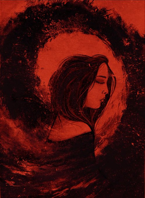 A moody, monochromatic red-toned sketch of a woman with closed eyes, her face framed by dark, swirling, cloud-like textures.