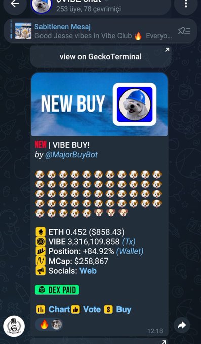 A Telegram screenshot shows a "NEW BUY" alert for $VIBE by @MajorBuyBot, listing 0.452 ETH ($858.43), 3,316,109.858 VIBE, and an 84.92% wallet position, illustrating the crypto call promoted in the post.