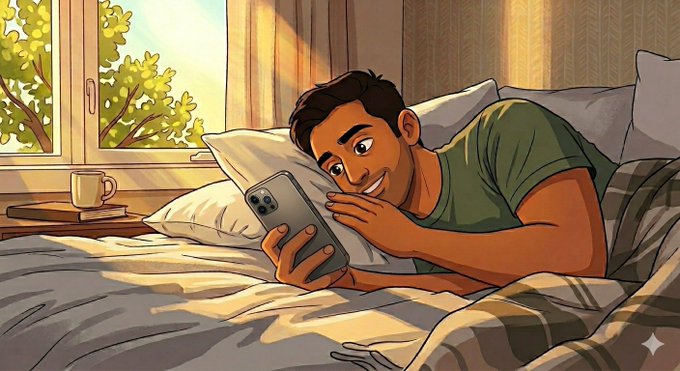 The image features a man lying down in bed, smiling as he looks at his cell phone. The man appears to be enjoying his morning or evening routine while using his smartphone. In the background, there are two books placed next to each other on a nightstand, suggesting that the man might have been reading before or after checking his messages and emails.