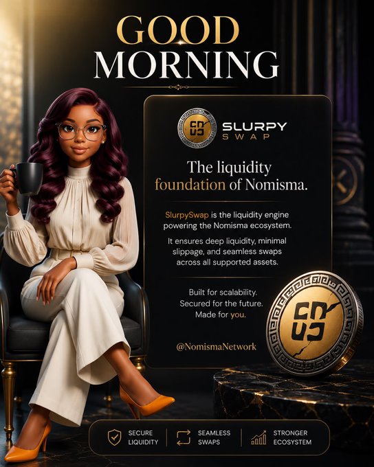 A 'Good Morning' promotional graphic featuring an illustrated woman with purple hair, introducing SlurpySwap as the liquidity foundation of Nomisma with secure liquidity, seamless swaps, and stronger ecosystem features.