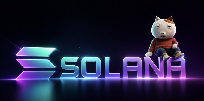 The 'SOLANA' logo in glowing teal and purple neon with the Solana symbol on a black background, featuring a cartoon cat character sitting on the text.