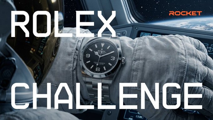 A striking promotional image features an astronaut's gloved hand in a spaceship cockpit, prominently displaying a black-dial Rolex Explorer watch, overlaid with bold white text reading "ROLEX CHALLENGE" and "ROCKET" branding in the corner—tying directly into Rocket's challenge of rewarding their top trader with the luxury timepiece.
