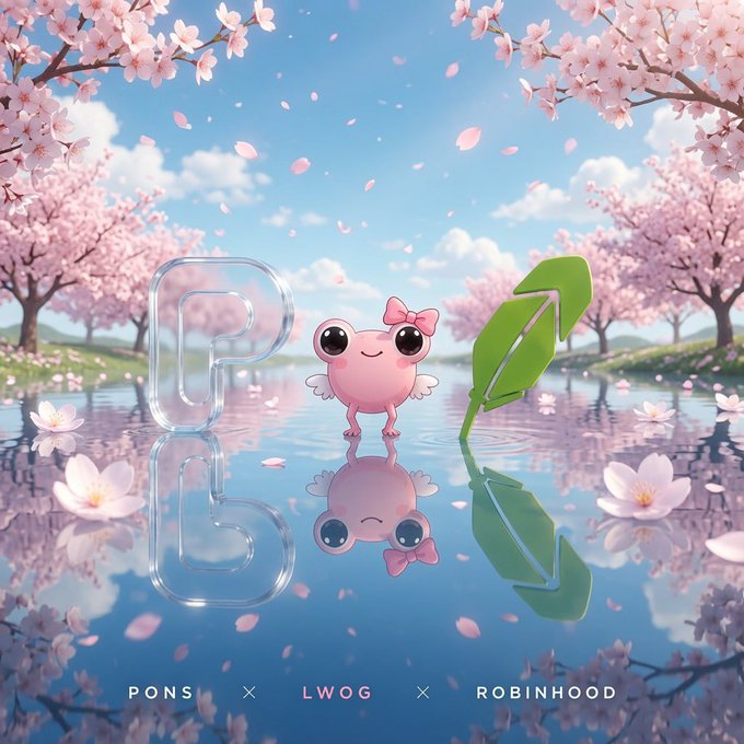 Whimsical 3D artwork with cherry blossom trees reflected in water, featuring a cute pink creature between letters 'P' and 'Z' with credits 'PONS × LWOG × ROBINHOOD' at the bottom.