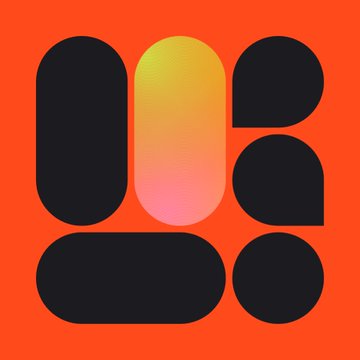 An orange and black geometric logo featuring rounded shapes and a gradient yellow-to-pink oval in the center.