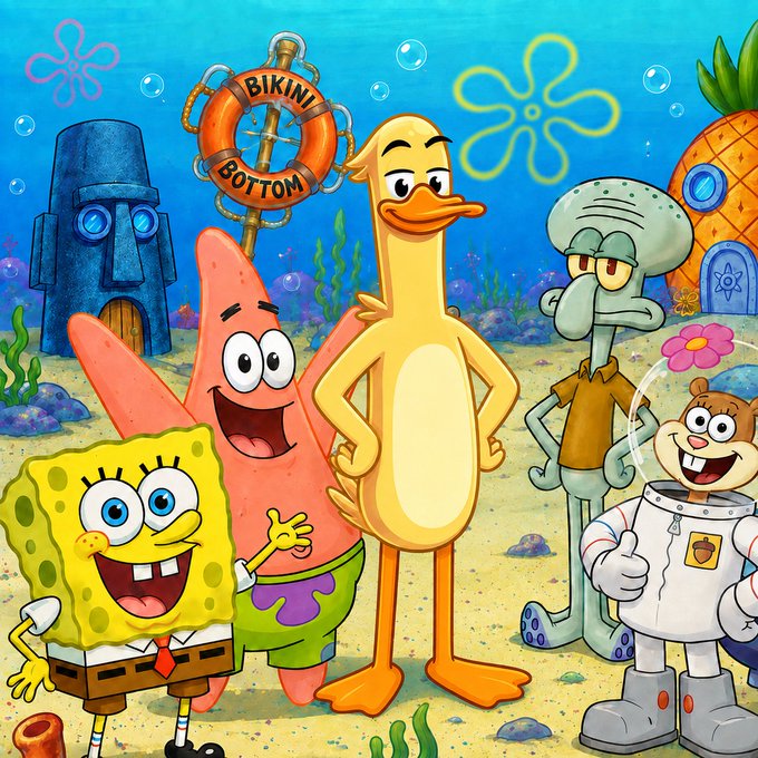 The image features the iconic SpongeBob SquarePants characters—SpongeBob, Patrick Star, Squidward, Sandy Cheeks, and a yellow duck—gathered together in Bikini Bottom, with a "BIKINI BOTTOM" life preserver visible in the background. The cheerful group scene relates to the post's message of being reunited with friends in Bikini Bottom, with "$TONY" ticker symbol emphasizing the community aspect of the meme.