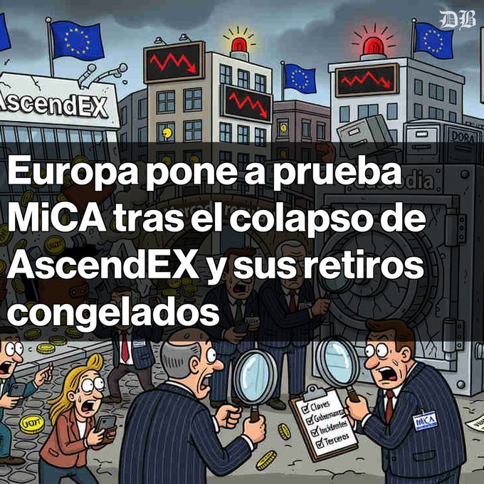 A cartoon illustration with Spanish text 'Europa pone a prueba MiCA tras el colapso de AscendEX y sus retiros congelados,' depicting distressed businessmen with magnifying glasses amid falling charts and EU flags.