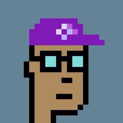 A pixel art portrait of a brown-skinned character wearing a purple hat with a flower design and cyan-tinted sunglasses against a gray background.