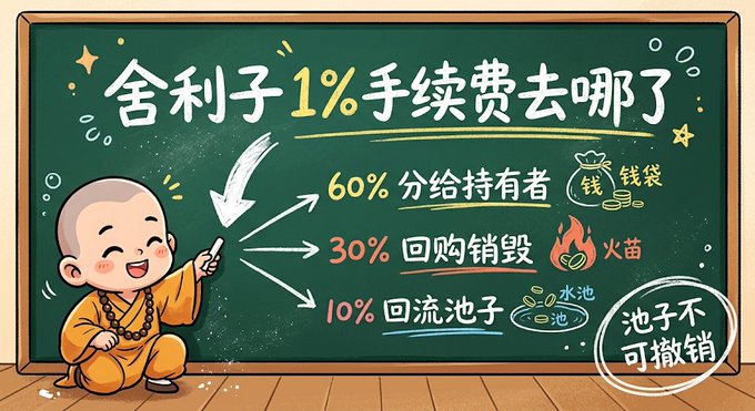 An illustration on a chalkboard featuring a cartoon monk explaining that the 1% handling fee goes to: 60% distributed to holders (钱钱袋), 30% for buyback and burn (火苗), and 10% back to the pool (水池), with a note that the pool cannot be revoked (池子不可撤销).