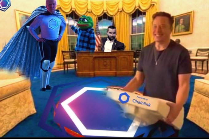 A surreal digital collage set in the Oval Office, showing Elon Musk holding a 'Powered by Chainlink' box, alongside a man in a Chainlink superhero costume and a Pepe the Frog character.