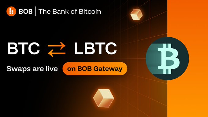A promotional graphic for BOB (The Bank of Bitcoin) announces that BTC ↔ LBTC swaps are now live on the BOB Gateway, featuring orange and black branding with Bitcoin and cube imagery that visually reinforces the new integration with Lombard Finance's liquid staking token.