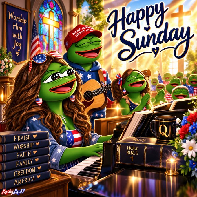 A vibrant 'Happy Sunday' digital illustration featuring anthropomorphic Pepe frogs dressed in patriotic American attire, playing guitar and piano in a church setting with stained glass and a Holy Bible.
