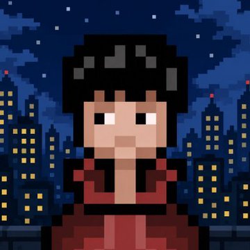 A pixel art portrait of a character with black hair and a red outfit, set against a nighttime cityscape with lit windows, promoting the @8bitard collection on @arc. The 8-bit style image fits the retro pixel art theme advertised in the post.