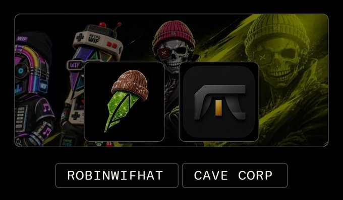 A digital banner featuring stylized gaming characters and logos with text labels 'ROBINWIFHAT' (showing a soldier with a grenade helmet) and 'CAVE CORP' (showing a mountain-shaped logo).