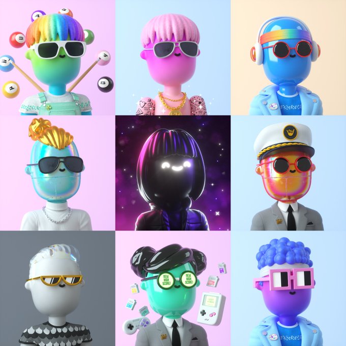 A 3×3 grid of stylized, colorful 3D avatars, each with unique accessories and colors, showcasing diverse character designs.