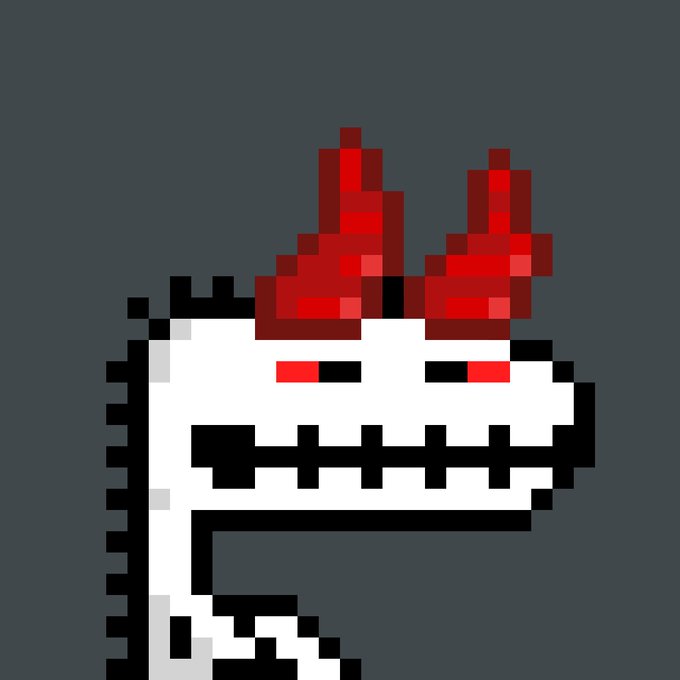 Pixel art illustration of a white skeletal dragon or dinosaur head with red pixelated horns and red eyes on a gray background.