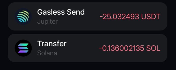 A transaction history showing two recent crypto transactions: 'Gasless Send' via Jupiter for -25.032493 USDT, and 'Transfer' via Solana for -0.136002135 SOL.