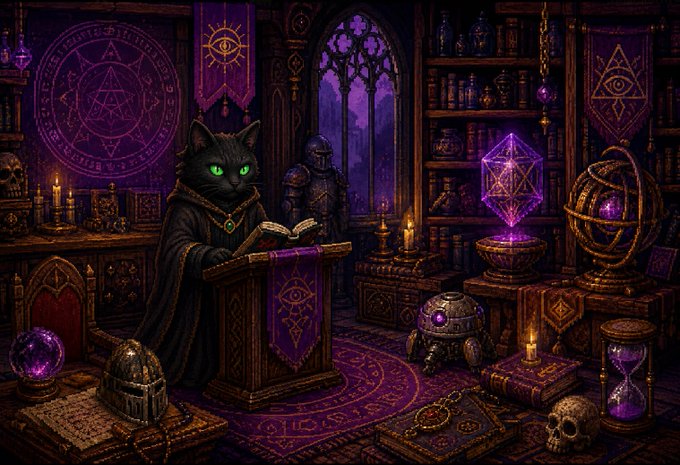 A black cat named "CannaCat" in a dark robe reads from an ancient tome at a wooden lectern, surrounded by magical artifacts including glowing purple crystals, leather-bound books, an hourglass, a skull, and an archer statue in a gothic study. The image visually echoes the post's prophecy theme, depicting the cat as a mystical figure unveiling sacred crypto wisdom about "rewarding The Collective," with the spell books and arcane symbols reinforcing the idea of an unbreakable, divinely ordained token launch.