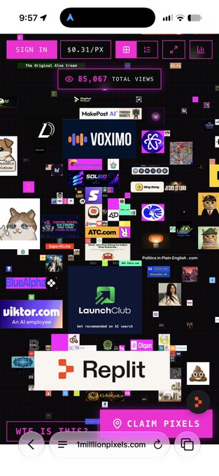 Mobile screenshot of the 1millionpixels.com website displaying a grid of user-submitted pixel art and logos, including Replit, LaunchClub, and VOXIMO, with 85,067 total views.