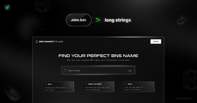 The image showcases the BNS Marketplace interface with the headline "FIND YOUR PERFECT BNS NAME," featuring options to Buy, Peer to Peer trade, and Sell BNS names, visually reinforcing the tweet's message about replacing long crypto addresses with simple ".bdx" domain names via BeldexCoin's platform.