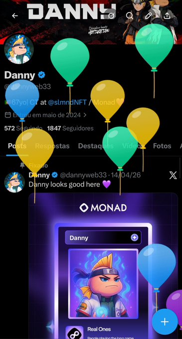 The image shows a social media post with a large number of balloons floating around, including one that says "Danna" at the top. The balloons are scattered throughout the image, creating a festive atmosphere. The post also includes a link to a Twitter account named @danny93 and a message from him congratulating someone on turning 69. The post seems to be promoting an event or celebration related to the milestone of turning 70 years old.