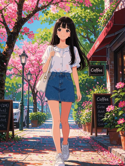 An anime-style illustration depicts a young woman with long black hair walking down a sunny street lined with pink cherry blossoms, wearing a white blouse and denim skirt near a 'Coffee' shop.