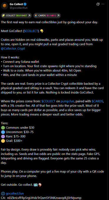 A Twitter post from Go Collect (@gocollectfun) promoting their app that allows users to earn real collectibles by opening virtual crates on location, with details on prizes, tier pricing, and a contract address visible.