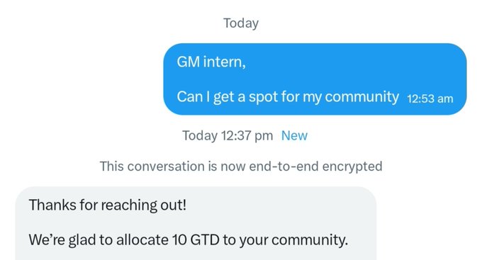 A screenshot of a direct message conversation shows an intern responding to a request, stating "We're glad to allocate 10 GTD to your community," corresponding to the user's announcement of securing a 10 GTD spot from @CHROMAFLOWNFT.