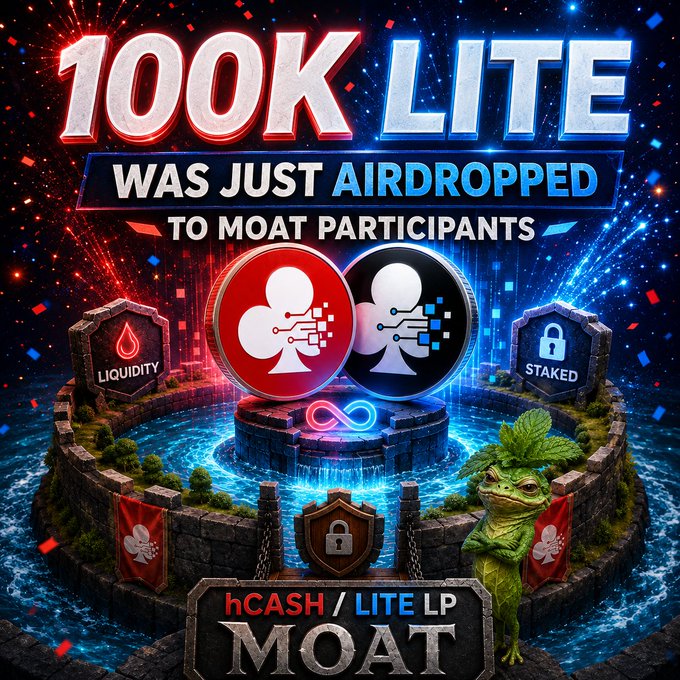 A promotional graphic announcing that 100K LITE was airdropped to MOAT participants, featuring club suit icons, a green lizard character, and symbols representing liquidity and staking for hCASH/LITE LP.