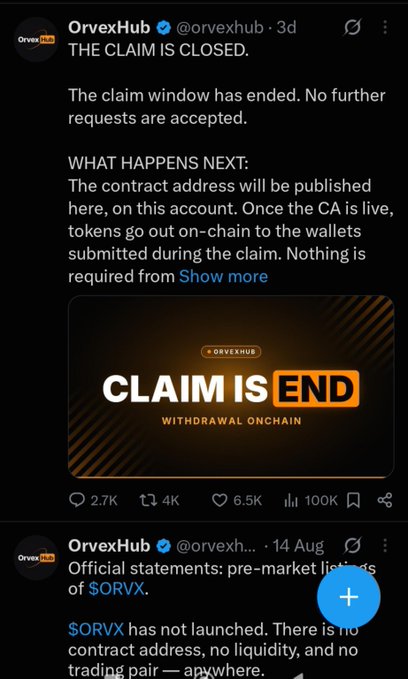 An X post from @orvexhub announces 'THE CLAIM IS CLOSED' for the Orvex Hub token, stating the claim window has ended and tokens will be distributed on-chain, accompanied by a 'CLAIM IS END' graphic.