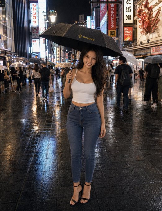 The image shows a woman standing under an umbrella while walking down a wet city street during a rainy night. She is wearing a white tank top, blue jeans, black heels, and holding a black umbrella with a gold logo that reads "Binance". The scene suggests that she might be in Shinsaibashi, a popular shopping district in Osaka, Japan known for its vibrant nightlife and unique shops.