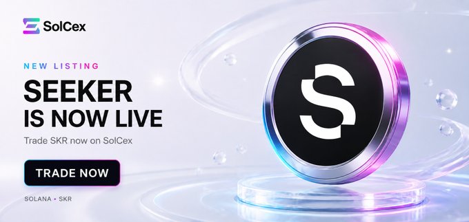 A promotional banner for SolCex announcing a new listing: 'SEEKER IS NOW LIVE', with a 'TRADE NOW' button and the SolCex logo.