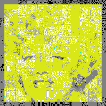 A pixelated, dithered yellow and gray portrait of a face with halftone dot patterns, resembling low-resolution print or glitch art.