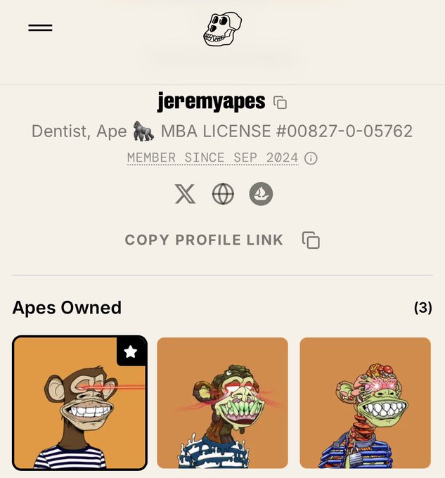 A profile page for 'jeremyapes' showing the title 'Dentist, Ape' with an MBA license number and displaying three 'Apes Owned' NFT-style images.