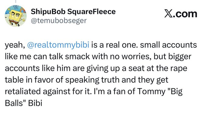 A tweet screenshot from ShipuBob SquareFleece (@temubobseger) praising @realtommybibi, stating 'yeah, @realtommybibi is a real one' and calling him 'Tommy "Big Balls" Bibi.'