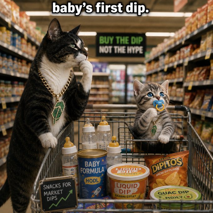 A humorous AI-generated meme titled 'baby's first dip' showing two cats in a supermarket shopping cart filled with items like 'Baby Formula HODL', 'Liquid Dip Banana Offay', 'Diphos Nacho Dip Flavor', and 'Guac Dip Moly', with a 'Buy the Dip Not the Hype' sign in the background.