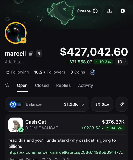 A screenshot of a trading portfolio showing "marcell" with a portfolio value of $427,042.60 (+$71,558.07, +19.3% in 1D), featuring a top holding of "Cash Cat" (CASHCAT) at $376.57K (+94.5%). The post caption "7 figs by september, only on @Pumpfun" ties into the image as visual proof of the user's significant gains and activity on the Pumpfun platform, with their portfolio fast approaching the seven-figure milestone.