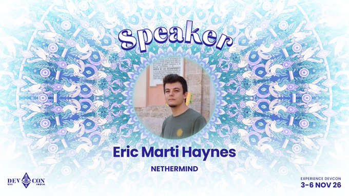 A speaker announcement graphic for DEVCON INDIA (3-6 NOV 26) featuring Eric Marti Haynes from NETHERMIND, shown in a circular photo against a blue mandala background.
