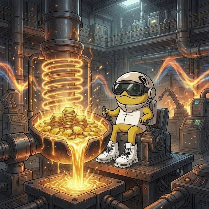 A cartoon turtle character wearing a helmet and goggles sits in an industrial control chair overseeing a glowing furnace that melts gold coins, symbolizing the burning of 3.3 million tokens as part of a 30x $TURBO boost for the community.