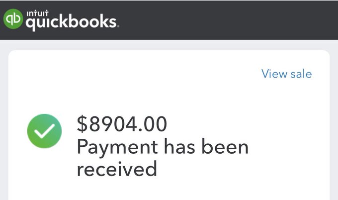 A QuickBooks notification confirms that a payment of $8,904.00 has been received, likely celebrating a significant financial milestone or successful business transaction, aligning with the post's expression of gratitude.