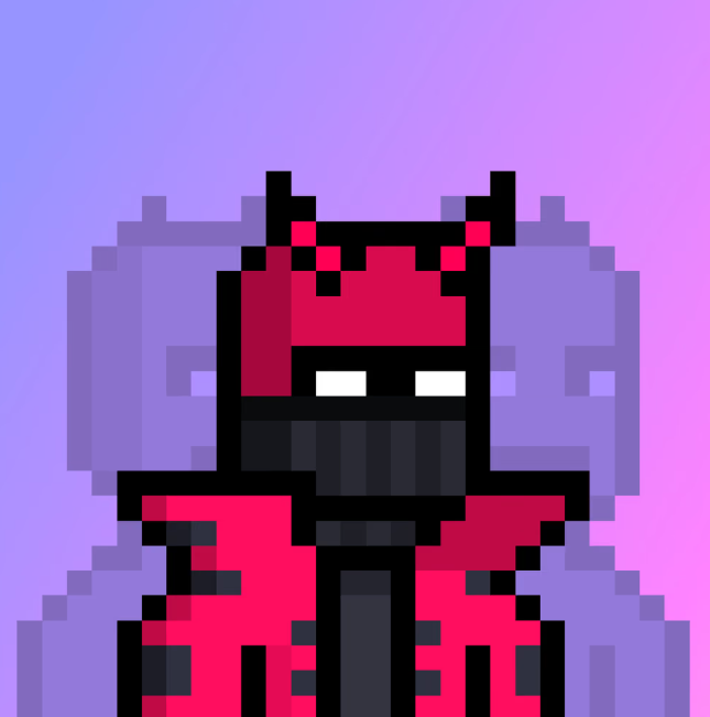 A pixel art character wearing a red devil-style hooded outfit with horns against a purple gradient background.