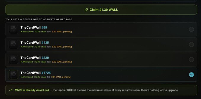 A dark-themed web interface for claiming 21.39 WALL tokens, listing four NFTs (TheCardWall #59, #135, #229, #1725) with #1725 selected as Anvil Lord at the top tier (3.33x), noting it earns the maximum share of every reward stream.