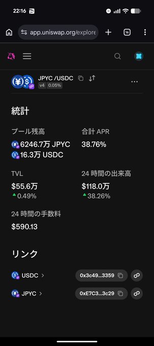 A screenshot of a Uniswap app.explore page showing a JPYC/USDC v4 liquidity pool with a combined APR of 38.76%, TVL of $55.6万, and 24-hour volume of $118.0万, backing the post's excitement about the high annual interest rate.