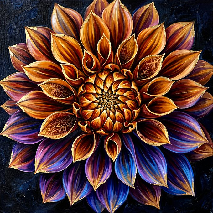 A vibrant mandala-style painting of a golden, intricately patterned dahlia with deep purple and blue petals set against a dark background, fittingly titled "Crown of Gilded Petals" as one of a 2/2 edition NFTs on @objktcom.