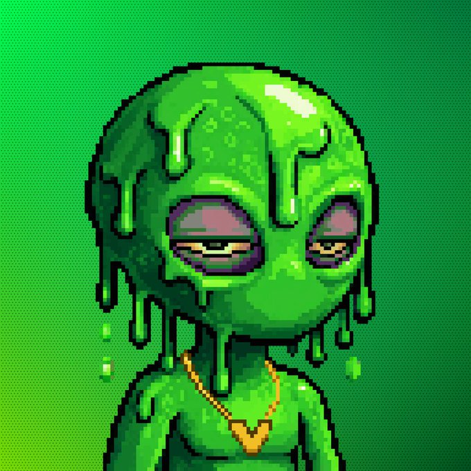 The image features a cartoon alien character with green skin that appears to be oozing or dripping something, possibly blood. The alien has a gold chain around its neck and seems to have a sad expression as if it's crying. The background of the image is a gradient of green colors, which complements the alien's appearance. There are no texts present in the image, but there is a caption that reads "Couldn't resist, thanks to the traveler who listed this slimoid, had to change pfp haha @voids_eth".