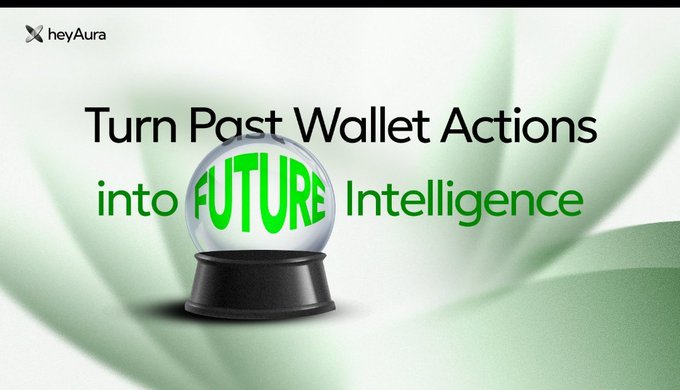 A promotional graphic for heyAura featuring a glowing crystal ball with "FUTURE" in green letters, accompanied by the tagline "Turn Past Wallet Actions into Future Intelligence," which visually reinforces the post's message about an AI assistant simplifying Web3 complexity while users rest.