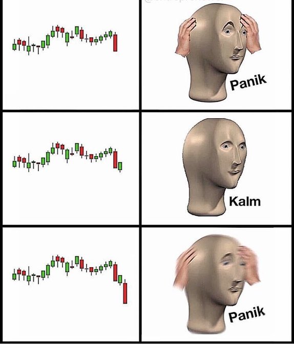 A "Wojak" meme format image showing three panels where a character reacts with "Panik" (hands on head) and "Kalm" (calm expression) to green candlestick charts, paired with a stock chart of $LIT to humorously advise against panicking over minor price fluctuations.
